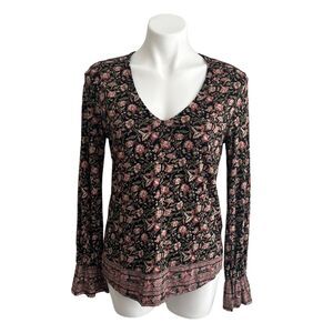 Lucky Brand Top Womens Sz S Floral Blouse Bell Sleeve Boho Cottage Peasant